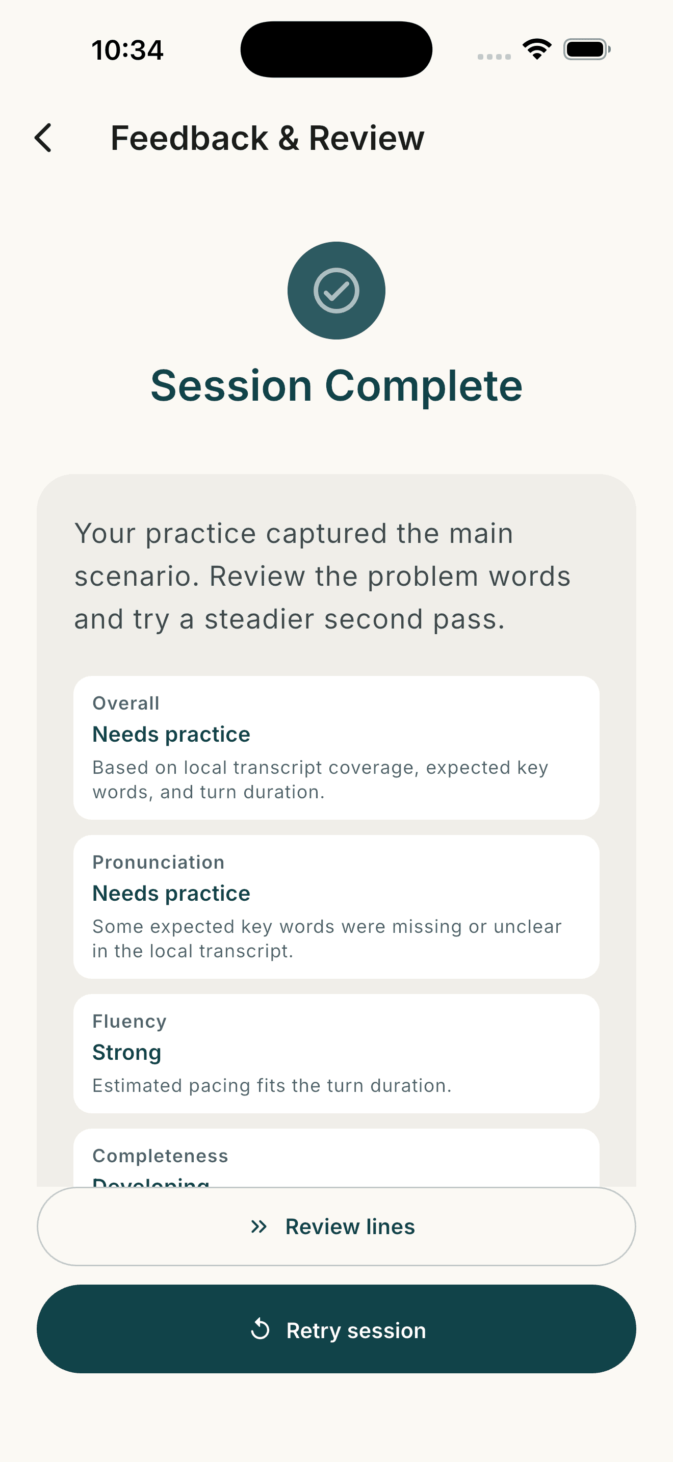 Talky feedback review screen after a conversation.